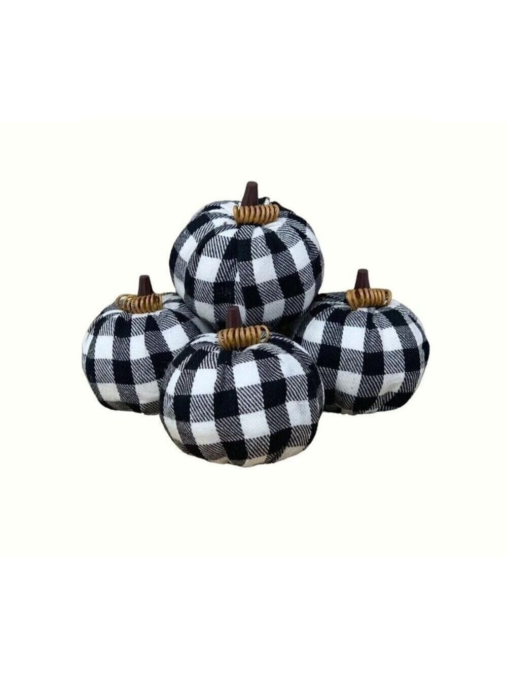 Farmhouse Buffalo Plaid Checkered Pumpkins Miniature Black White Fall 2.5 Inch